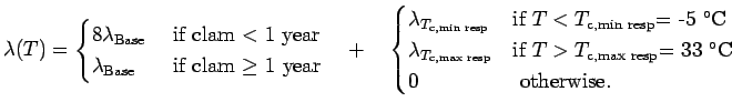 $\displaystyle \lambda(T) = \begin{cases}8\lambda_{\text{Base}} & \text{ if clam...
...sp}}$= 33 $\ensuremath{^\circ\text{C }}$} \\ 0 & \text{ otherwise.} \end{cases}$